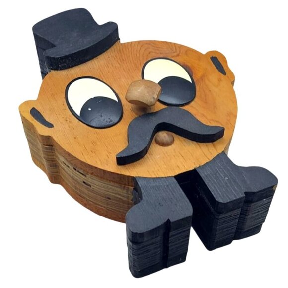 Vintage Mr. Goodbank Wooden Coin Bank With Top Hat & Mustache Reusable DIY - Picture 5 of 6